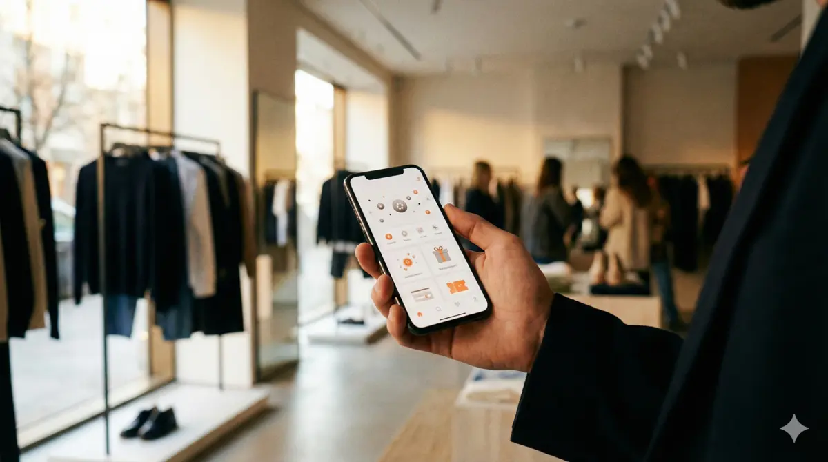 Cliente che utilizza app fedeltà su smartphone in negozio