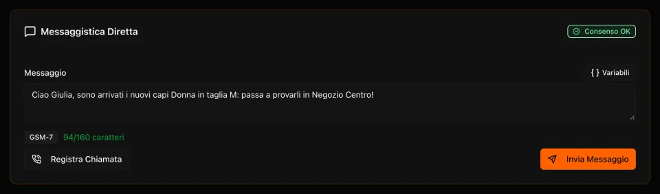 Composizione di un SMS personale dal profilo cliente, con verifica del consenso e conteggio dei caratteri