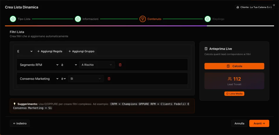 Editor di una lista dinamica con due regole, segmento A rischio e consenso marketing, e il conteggio dei clienti trovati