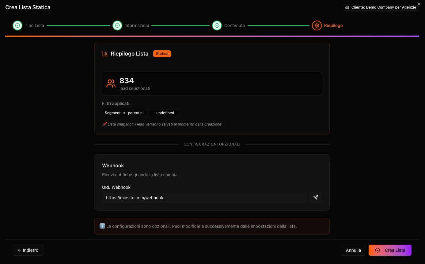 Preview risultati lista con conteggio lead e deliverability